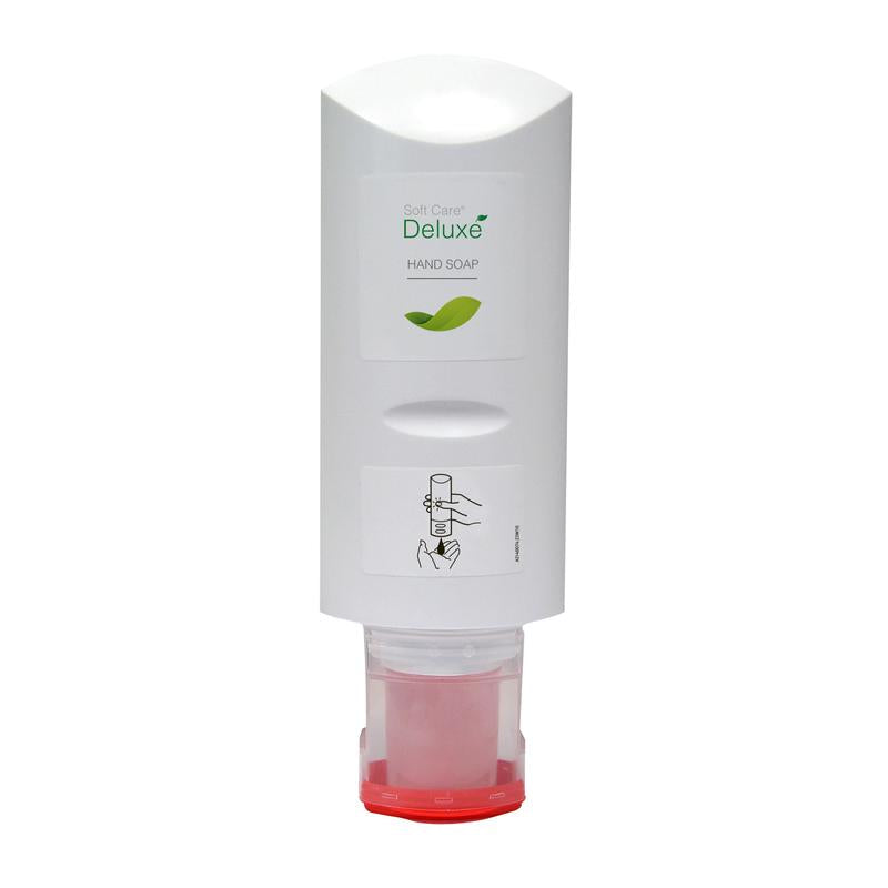 Un distributeur mural blanc de la lotion pour les mains Soft Care Deluxe (300 ml, Diversey Deutschland GmbH & Co. OHG) avec un design de feuille verte, une image d'application et une cartouche de recharge rouge - idéal pour le soin quotidien de la peau.