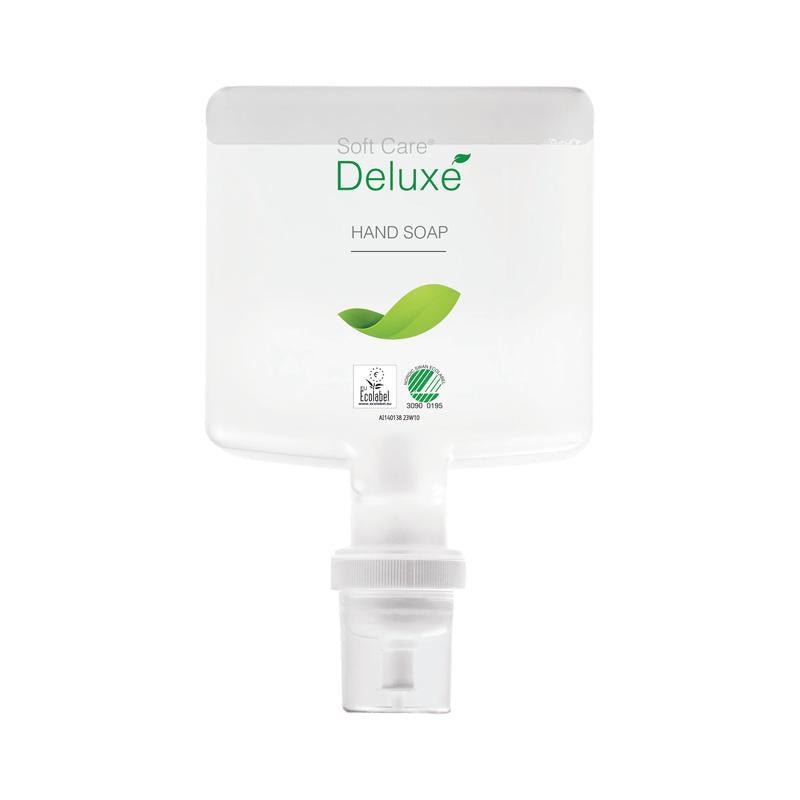Une cartouche de 1300 ml en plastique transparent avec du savon pour les mains Soft Care Deluxe de Diversey Deutschland GmbH & Co. OHG, avec un graphique de feuille verte, une étiquette écologique et un distributeur blanc en bas.