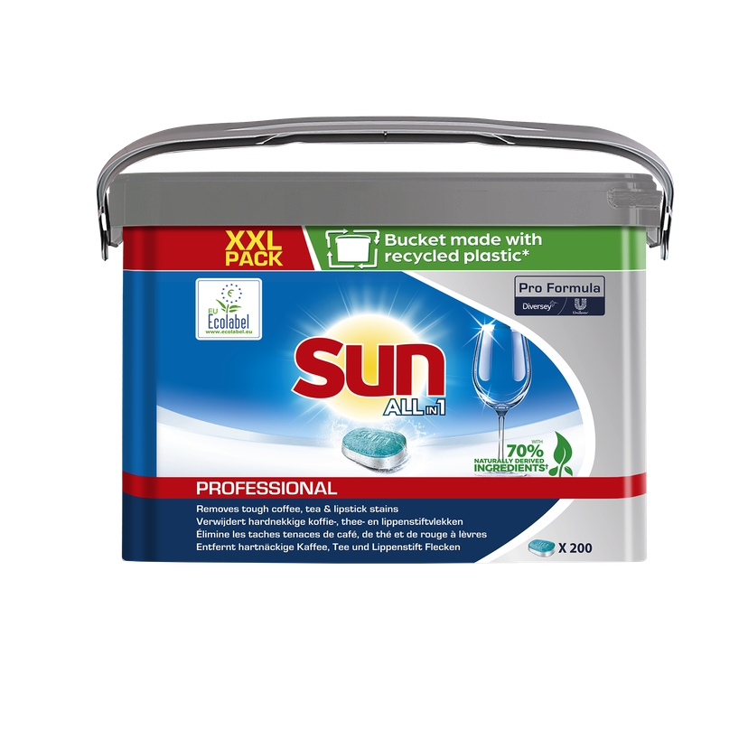 Ein Kunststoffeimer Sun Professional All in 1 Tabs für die Geschirrspülmaschine von Diversey Deutschland GmbH & Co. OHG, XXL-Packung mit 200 Tabs, 70 % natürliche Inhaltsstoffe, Ecolabel-zertifiziert; Eimer aus recyceltem Kunststoff.