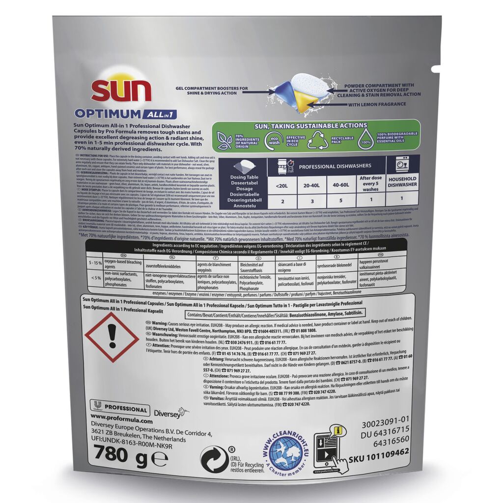 Au dos d'une capsule de lave-vaisselle Sun Professional Optimum All in One (52 comprimés, 780g) de Diversey, vous trouverez des informations sur l'utilisation et la sécurité, un guide de dosage, les ingrédients, les informations sur le recyclage, les codes produit et les informations de l'entreprise pour votre lave-vaisselle.