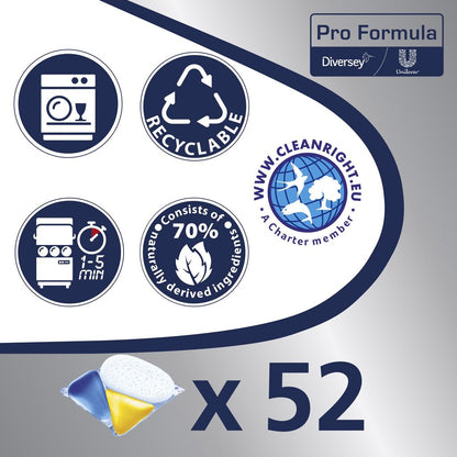 Le graphique contient des symboles pour la compatibilité avec le lave-vaisselle, la recyclabilité, le nettoyage rapide de 1 à 5 minutes, 70 % d'ingrédients naturels, un logo de membre fondateur et "52" à côté des capsules de lave-vaisselle Sun Professional Optimum All in One de Diversey (52 comprimés).
