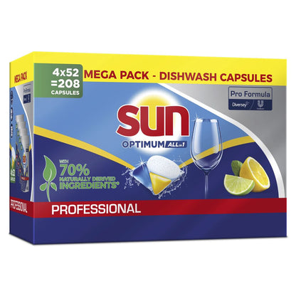 Un paquet de capsules de lave-vaisselle Sun Professional Optimum All in One avec liquide de rinçage et sel de Diversey Deutschland GmbH & Co. OHG, avec 52 comprimés, avec des illustrations d'un verre de vin mousseux, d'une capsule et de fruits d'agrumes sur l'emballage.