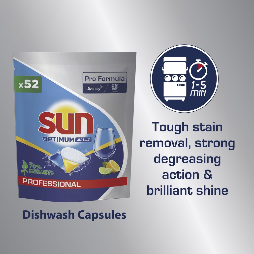 Un paquet de capsules de lave-vaisselle Sun Professional Optimum All in One avec liquide de rinçage et sel (52 comprimés) de Diversey Deutschland GmbH & Co. OHG est illustré avec la mention "Élimination forte des taches, dégraissage puissant & éclat brillant" ainsi qu'un symbole de 1 à 5 minutes.