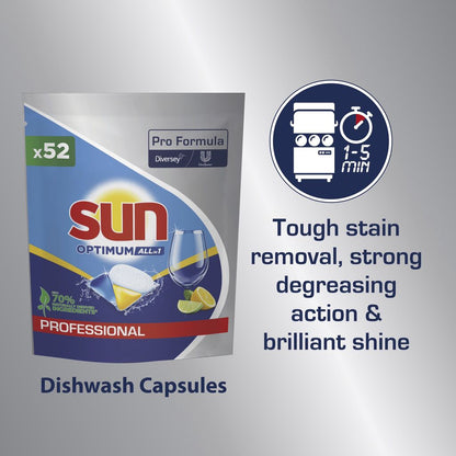 Un paquet de capsules de lave-vaisselle Sun Professional Optimum All in One avec liquide de rinçage et sel (52 comprimés) de Diversey Deutschland GmbH & Co. OHG est illustré avec la mention "Élimination forte des taches, dégraissage puissant & éclat brillant" ainsi qu'un symbole de 1 à 5 minutes.