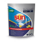 Un sac argenté-bleu avec l'inscription "Sun Professional Optimum All in One" de Diversey Deutschland GmbH & Co. OHG, avec un comprimé, un verre à vin et des tranches d'agrumes. L'emballage contient 52 capsules de lave-vaisselle avec liquide de rinçage et sel. Les informations sur le produit se trouvent en bas.