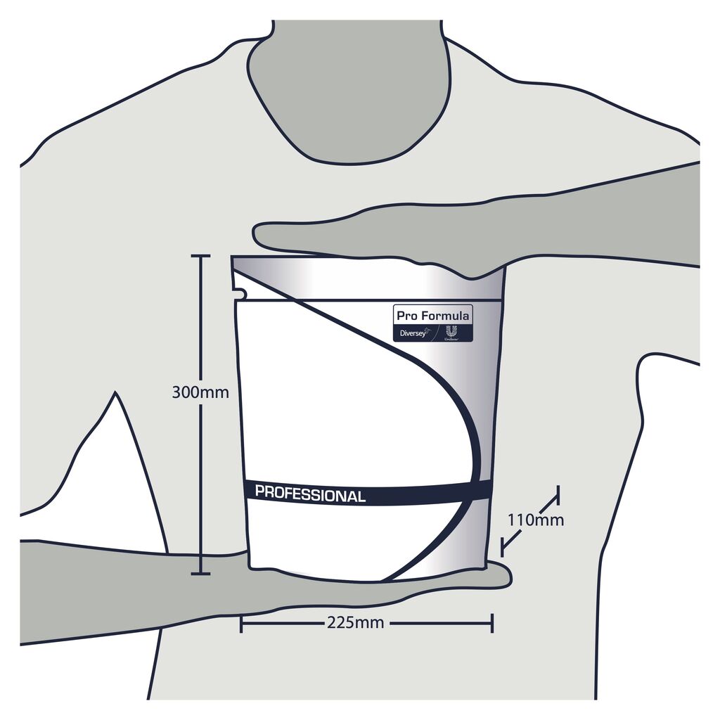Illustration d'une personne tenant un sac avec l'inscription "Sun Professional Optimum All in One" de Diversey Deutschland GmbH & Co. OHG pour capsules de lave-vaisselle (52 comprimés); Dimensions : 300 mm de haut, 225 mm de large, 110 mm de profondeur. Les mains soulignent la taille du sac.