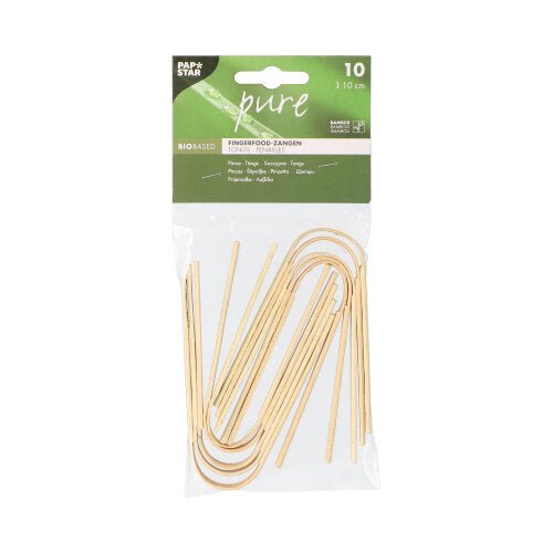 Un emballage en plastique transparent contient 10 PAPSTAR Pinces à amuse-bouches en bambou (10 cm), idéales pour les en-cas. Sur le dessus se trouve une étiquette verte et blanche portant le nom de la marque PAPSTAR SARL et informations sur les produits en plusieurs langues : l'idéal pour les fêtes.