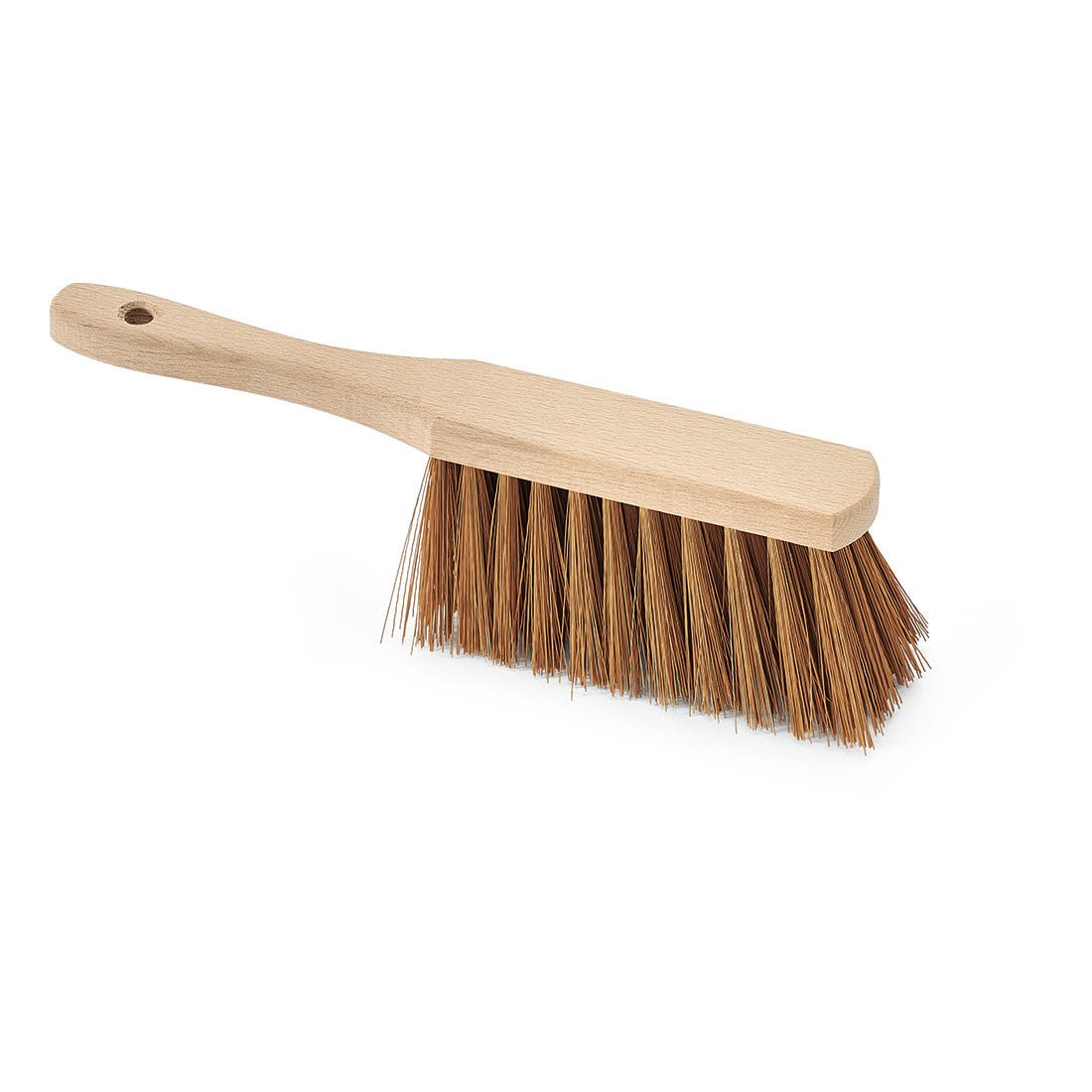 Le balai industriel Nölle Profi Brush, 28 cm Poly-Coco avec trou de suspension de Nölle Profi Brush Bürsten- & Pinseltechnik e.K., a des poils bruns rigides et un manche en bois clair, photographié sur fond blanc.