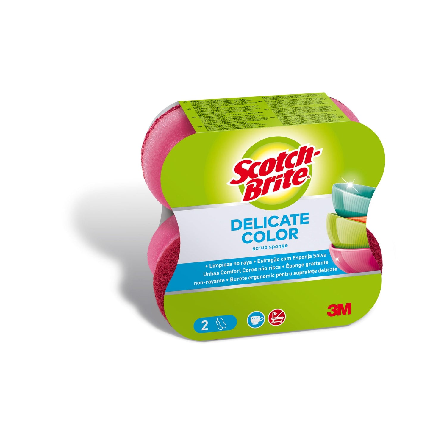 Die Scotch-Brite® Delicate Color Comfort nicht kratzender Reinigungsschwamm von 3M Deutschland GmbH reinigt empfindliche Oberflächen. Die 2er-Packung enthält pinke und grüne Schwämme mit Produktinfos auf dem Etikett.