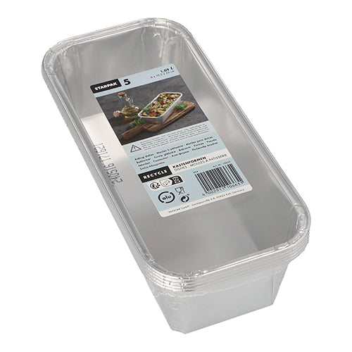 Starpak 5 moules à cake, alu-rectangulaire (1,09 l, 6x10,2x23 cm), sont des moules à cake rectangulaires dans un emballage rétractable transparent. Chaque emballage contient cinq moules avec des infos produit et une photo alimentaire sur le couvercle - parfait pour des résultats de cuisson.