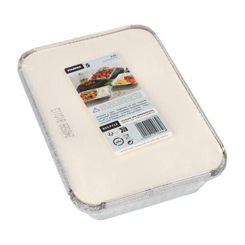 Starpak, lot de 5 barquettes rectangulaires en aluminium avec couvercle amovible revêtu de PE, présentées dans un emballage en plastique et accompagnées d'une étiquette produit illustrée – idéal pour les besoins de la restauration.
