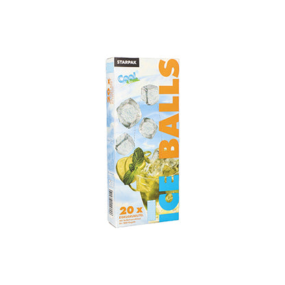 Les sacs à glaçons Starpak 20 avec fermeture automatique et boîte Easy Release sont disponibles en bleu, blanc et orange, contiennent des glaçons, une boisson froide à la lime et à la menthe et 20 sacs à glaçons faciles à ouvrir.