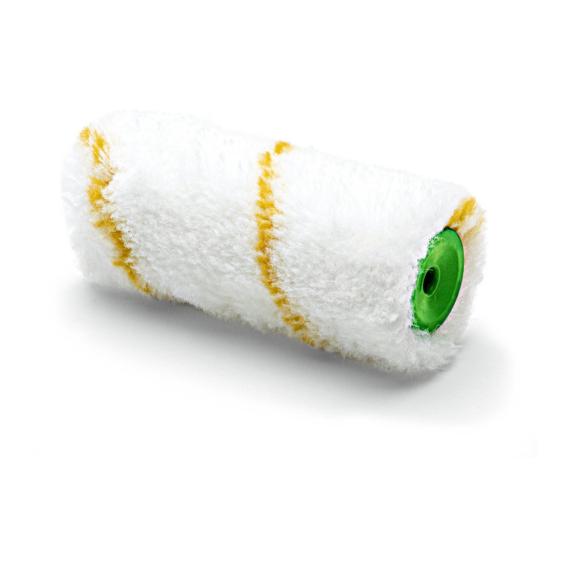 Gros plan d'un rouleau combiné Nölle Profi Brush Gelbfaden, 10 cm x Ø 30 mm, hauteur de poils 12 mm, housse de rouleau de peinture de Nölle Profi Brush Bürsten- & Pinseltechnik e.K., avec des rayures jaunes et un noyau vert sur fond blanc.