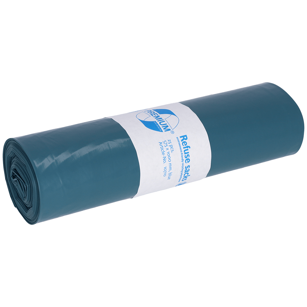 Un paquet étroitement roulé de sacs poubelle bleus DEISS 575x1000x0,05 mm en LDPE recyclé de 70 l de EMIL DEISS KG (GmbH + Co.) avec une étiquette blanche au milieu montrant les informations sur le produit.