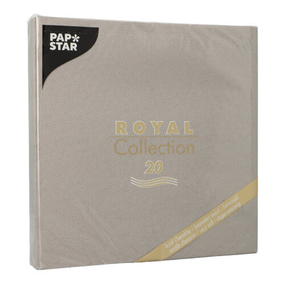 Illustré est un paquet beige de 20 serviettes "ROYAL Collection" 1/4 pli (40x40 cm) de PAPSTAR GmbH, parfait pour une décoration de table élégante. Le nom du produit en or et blanc est sur le devant, les serviettes sont enveloppées dans un film transparent.