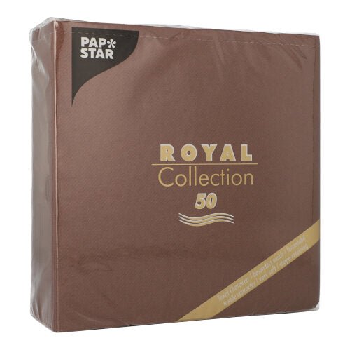 Un paquet PAPSTAR GmbH marron avec 50 serviettes "ROYAL Collection" 1/4-pli 40x40 cm avec écriture dorée et blanche et un design de lignes ondulées élégant.