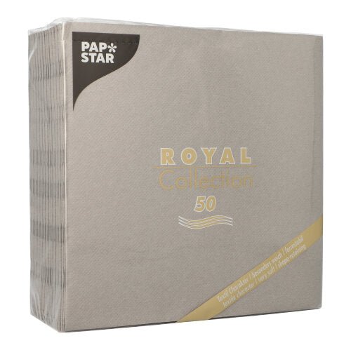 Un paquet scellé de PAPSTAR 50 serviettes "ROYAL Collection" 1/4-pli, 40 x 40 cm, gris de PAPSTAR GmbH. L'emballage carré est proprement enveloppé dans du plastique.