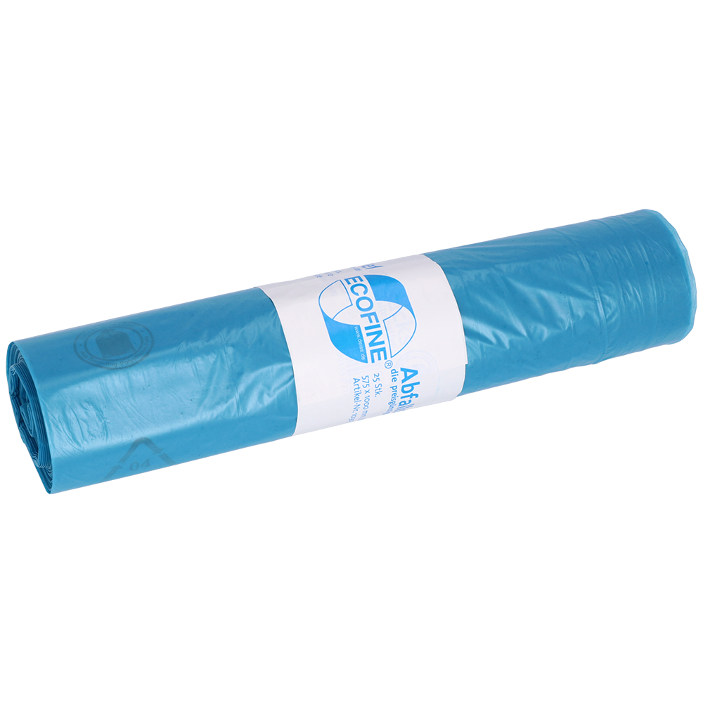 Abgebildet ist eine Rolle EMIL DEISS KG (GmbH + Co.) DEISS Abfallsäcke 575x1000 mm 120 l aus Recycling-LDPE/LLDPE, die ein weißes Etikett mit Text und Logo auf weißem Grund aufweist.