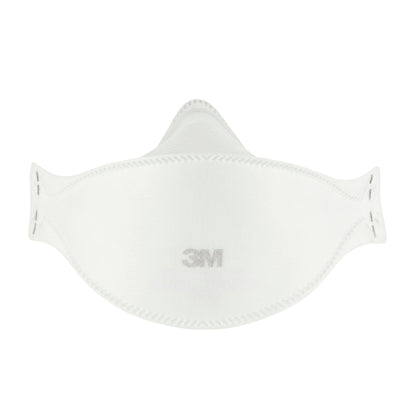 Le masque de confort à particules 3M™ Aura™ 9320+, FFP2, sans valve, de 3M Deutschland GmbH est blanc, profilé pour un ajustement optimal et affiche le logo gris 3M à l'avant.