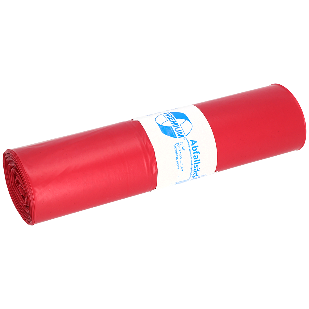 Abgebildet ist eine Rolle DEISS 11002 rote Müllbeutel (700x1100x0,06 mm, 25 Stück) der EMIL DEISS KG mit weißem Etikett und blauem Text auf weißem Hintergrund.