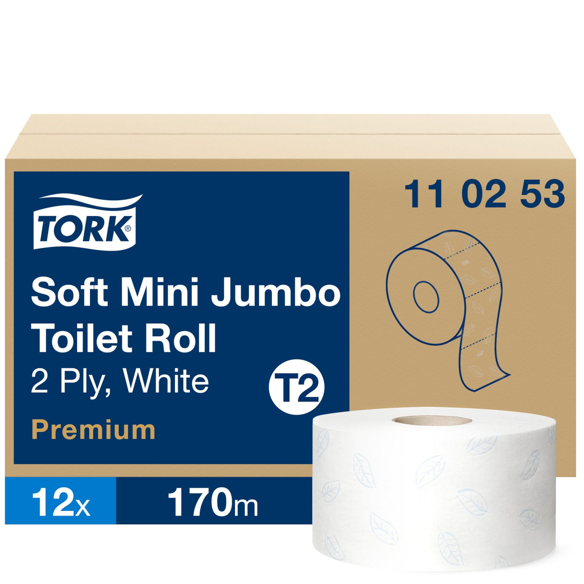 Tork Mini Jumbo Toilettenpapier Premium T2 2-lagig – Karton mit 12 Rollen à 170 m und einzelne Rolle