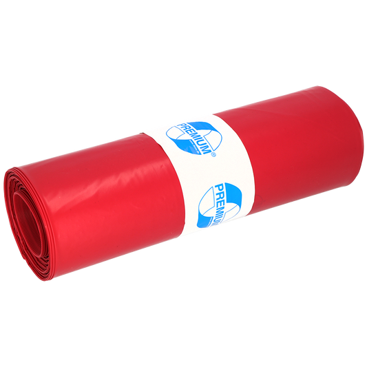 Ein eng gerolltes Bündel DEISS 11102 Müllsäcke 700x1100 mm Typ 100 rot (25 Stück) der EMIL DEISS KG, gesichert mit einem weißen Etikett mit blauer "PREMIUM"-Grafik auf hellem Grund - ideal für eine effiziente Abfallentsorgung.