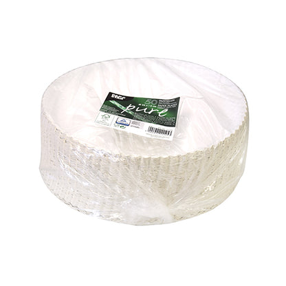 Une pile de PAPSTAR GmbH 29 cm "pure" assiettes en carton rondes blanches (50 pièces), emballées dans du plastique transparent avec une étiquette indiquant qu'elles sont 100% biodégradables et compostables.