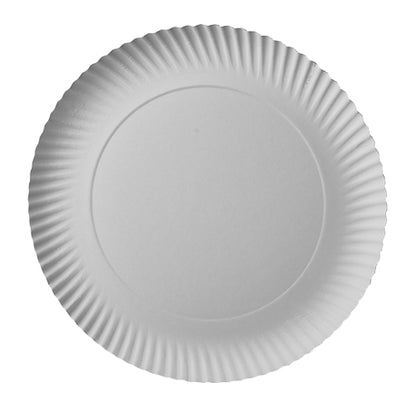Le PAPSTAR GmbH 100 assiettes, carton "pure" rond est une assiette en carton blanc simple et ronde avec un bord cannelé surélevé, vue de dessus sur fond blanc - en matériau certifié FSC pour une utilisation écologique.