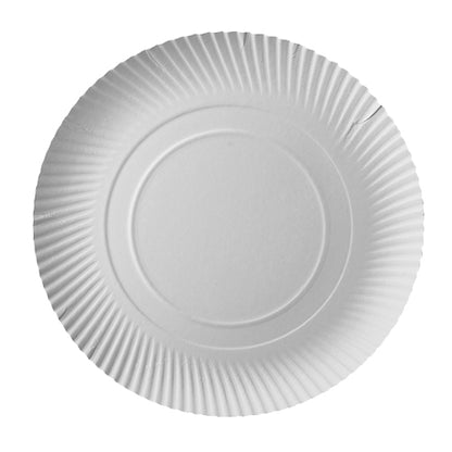 Le PAPSTAR 100 assiettes, carton "pure" rond de PAPSTAR GmbH en vue de dessus : une assiette blanche simple, ronde avec un bord structuré et un centre lisse - parfait pour des réunions écologiques.