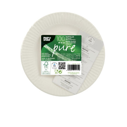 Une assiette ronde blanche PAPSTAR 100, carton "pure" rond de PAPSTAR GmbH avec une étiquette centrale vert-blanc-noir, certifiée FSC, diamètre de 18 cm et contient 100 assiettes en carton durables.