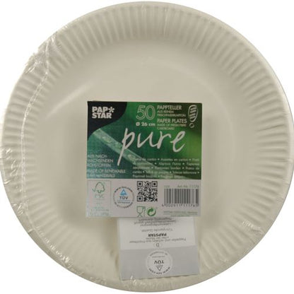 Un paquet de 50 PAPSTAR assiettes en carton rondes Ø 26 cm, extra fortes, blanches "pure", en carton de fibres vierges à 100% de PAPSTAR GmbH. Le film rétractable est doté de la certification FSC, de symboles de recyclage et d'informations sur le produit.