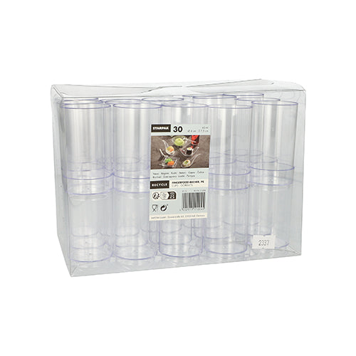Un emballage en plastique transparent contient 30 gobelets Fingerfood Starpak (PS, 60 ml, Ø 4 cm · 7,5 cm, transparent), empilés en trois rangées. Une étiquette frontale montre les détails du produit et des images des boissons servies dans les gobelets.