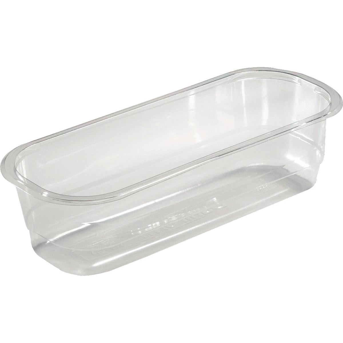 La barquette APET transparente 260x110x68 mm de Duni GmbH, idéale pour les aliments, est un contenant alimentaire rectangulaire clair avec des coins légèrement arrondis et un fond plat, représenté vide sur fond blanc. Emballage : 350 pièces.