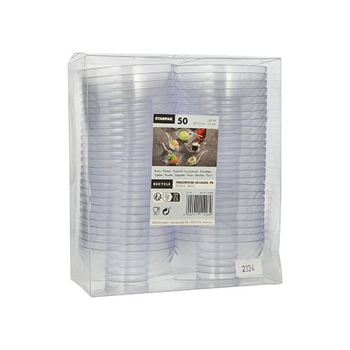 Le set de bols à fingerfood Starpak 50 comprend des gobelets jetables transparents en PS dans un emballage plastique transparent avec une étiquette de la marque, le symbole de recyclage ainsi que des images de boissons et de snacks - idéal pour les événements.