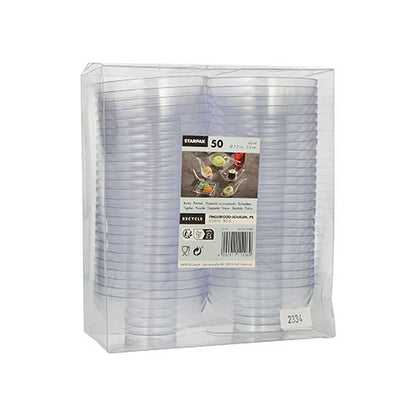 Le set de bols à fingerfood Starpak 50 comprend des gobelets jetables transparents en PS dans un emballage plastique transparent avec une étiquette de la marque, le symbole de recyclage ainsi que des images de boissons et de snacks - idéal pour les événements.