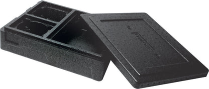 Die Duni GmbH Thermobox 3 Schwarz EPP ist eine schwarze, rechteckige Isolierbox mit aufgesetztem Deckel und Innenfächern - ideal zum Warmhalten von Speisen und Getränken beim Transport.