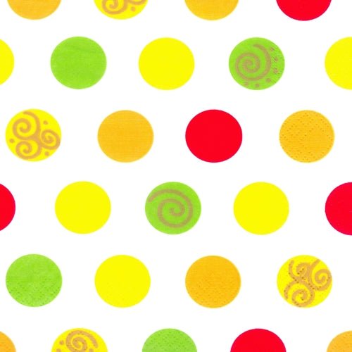 Les PAPSTAR 20 serviettes (33x33 cm, 3 plis) de PAPSTAR GmbH présentent un motif régulier de points rouges, jaunes, verts et orange - en partie avec motif en spirale - sur fond blanc. Le Design Set 6 offre une décoration colorée pour chaque table.