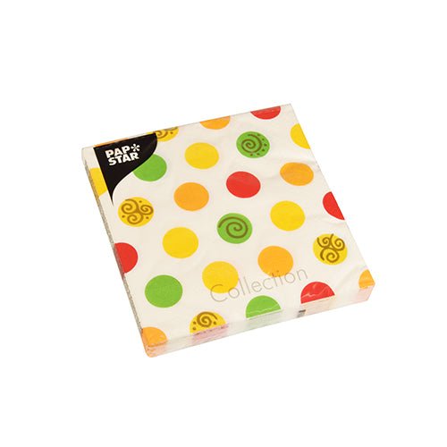 Un paquet de PAPSTAR GmbH 20 serviettes, 33x33 cm, 3 plis (Design Set 6) avec fond blanc et motifs de points jaunes, orange, verts et rouges, partiellement avec spirales; marqué "Pap Star Collection" dans le coin.