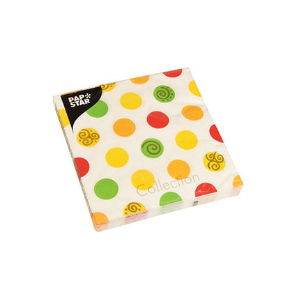 Un paquet de PAPSTAR GmbH 20 serviettes, 33x33 cm, 3 plis (Design Set 6) avec fond blanc et motifs de points jaunes, orange, verts et rouges, partiellement avec spirales; marqué "Pap Star Collection" dans le coin.