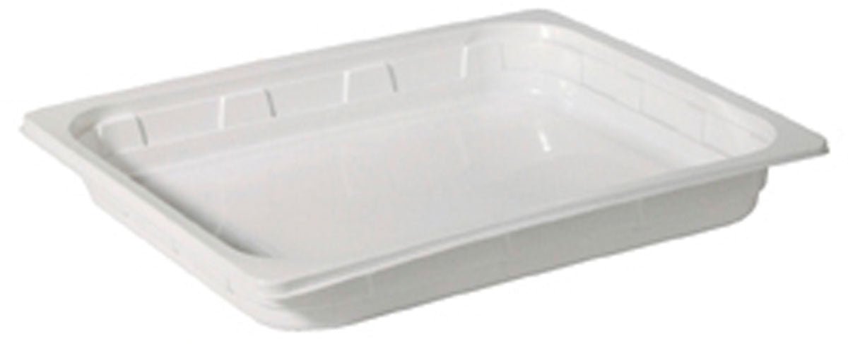 La Duni GmbH PP Schale 1/2 GN Blanc PP 325x265 est un plateau rectangulaire, plat, blanc avec des bords relevés et un fond plat, adapté à une utilisation dans la restauration et illustré sur un fond uni blanc.
