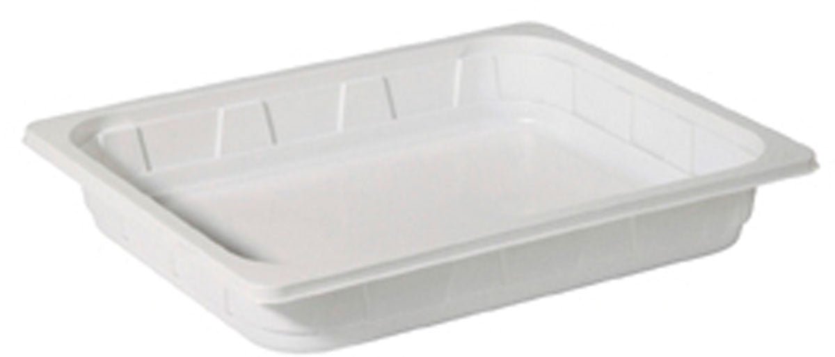 La Duni GmbH PP Schale 1/2 GN Blanc PP 325x265 est un plateau rectangulaire, plat, blanc avec un bord légèrement surélevé, idéal pour la restauration et parfait comme conteneur 1/2 GN. Illustré devant un fond blanc simple.