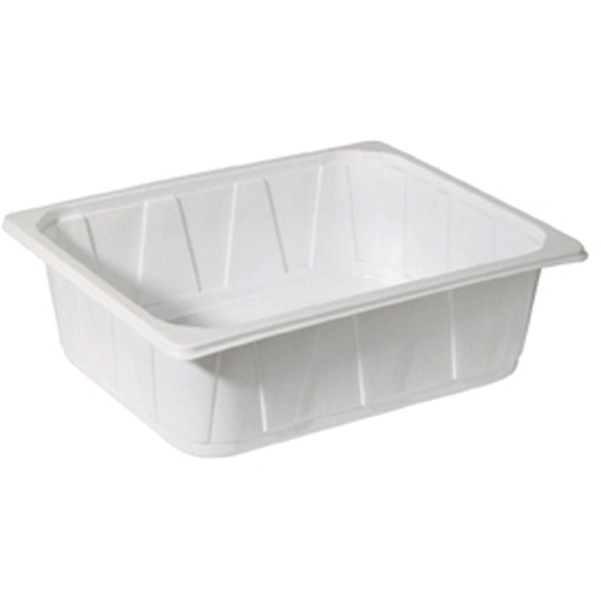 La Duni GmbH PP Schale 1/2 GN Blanc PP 325x265 est un conteneur rectangulaire blanc avec des côtés légèrement biseautés et un bord large, idéal pour une utilisation dans la restauration, illustré sur un fond blanc simple.