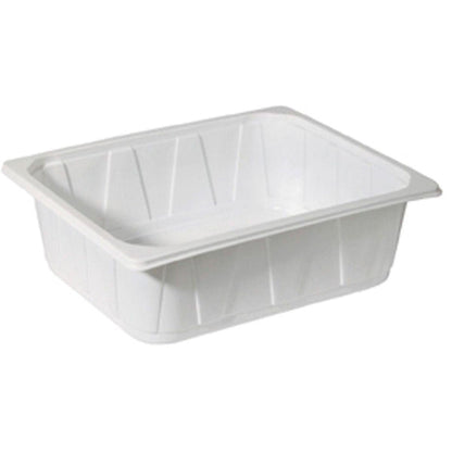 La Duni GmbH PP Schale 1/2 GN Blanc PP 325x265 est un conteneur rectangulaire blanc avec des côtés légèrement biseautés et un bord large, idéal pour une utilisation dans la restauration, illustré sur un fond blanc simple.