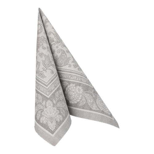 Une seule PAPSTAR serviette grise 20 "ROYAL Collection" 1/4-pli (40x40 cm) de PAPSTAR GmbH est pliée en triangle et se tient debout sur un fond blanc, idéale pour une décoration de table élégante.