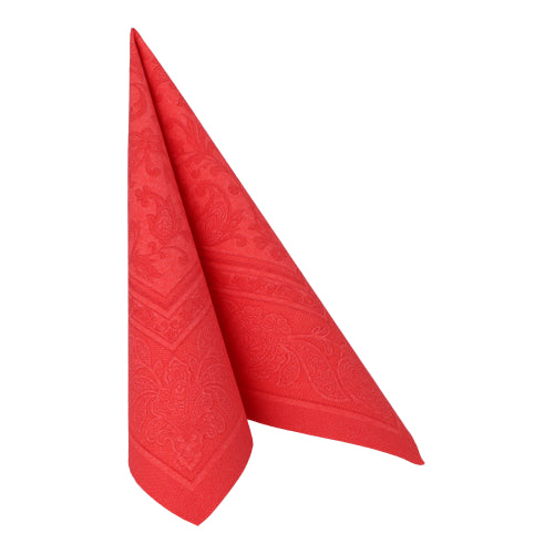 Une serviette rouge PAPSTAR GmbH "Collection ROYAL" 1/4 pli (40 x 40 cm) est dressée en triangle et présente un motif floral et paisley discret embossé - idéal comme décoration de table ou avec les serviettes PAPSTAR.