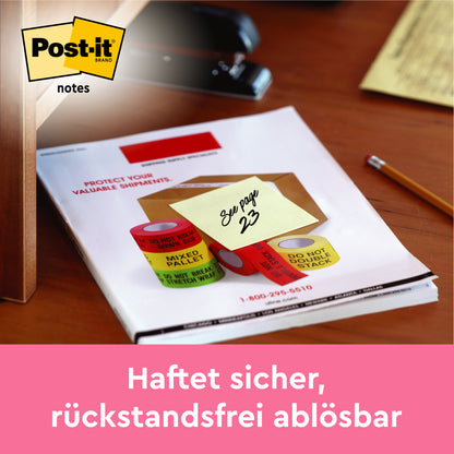 Ein 3M Post-it® Super Sticky Z-Zettel (Gelb, 76x76 mm) mit der Aufschrift "Siehe Seite 23" ist an einer Schreibtischunterlage befestigt. Oben links ist das Post-it-Logo zu sehen, unten der Schriftzug "Haftet sicher, rückstandsfrei ablösbar". PEFC-zertifiziert.