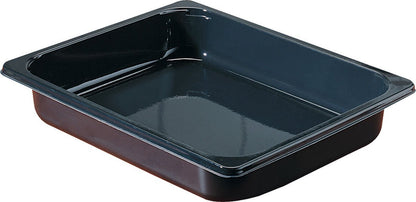 Le plat CPET 1/2 GN noir CPET 325x265 de Duni GmbH est une poêle en métal noire rectangulaire avec un bord haut et une surface brillante, idéale pour la gastronomie. Illustré vide sur fond blanc.