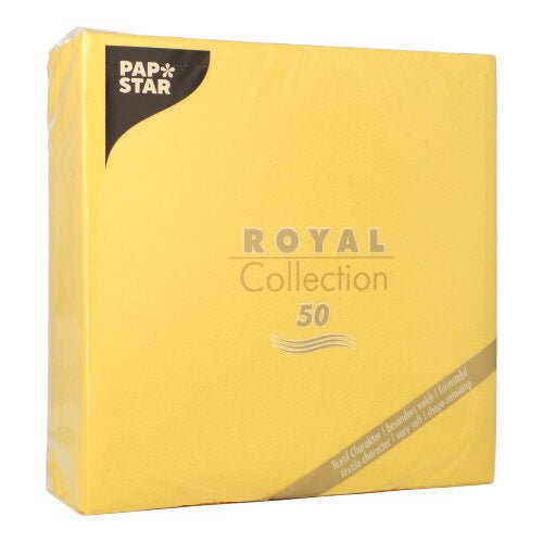 Un emballage jaune de la PAPSTAR GmbH avec l'inscription "50 serviettes ROYAL Collection 1/4 pli 40 x 40 cm jaune" contient 50 serviettes avec des accents dorés et noirs et du texte dans le coin inférieur.