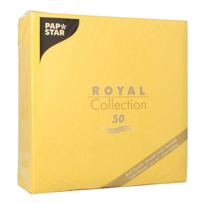 Un emballage jaune de la PAPSTAR GmbH avec l'inscription "50 serviettes ROYAL Collection 1/4 pli 40 x 40 cm jaune" contient 50 serviettes avec des accents dorés et noirs et du texte dans le coin inférieur.