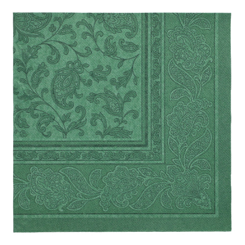 PAPSTAR 50 Servietten "ROYAL Collection" 1/4-Falz, 40 x 40 cm, grün von PAPSTAR GmbH mit geprägtem Paisley- und Blumenmuster am Rand und in der Mitte, aus der Vogelperspektive auf weißem Hintergrund.